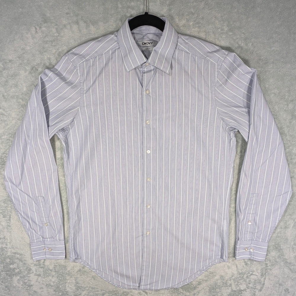 DKNY Mens Slim Fit Striped Dress Shirt Blue Green White Striped 15‎ 34/35 Cotton - Picture 2 of 8